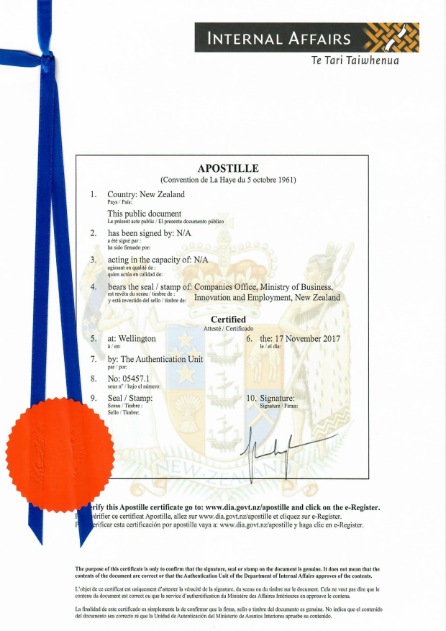New Zeland Certificate of Incorporation